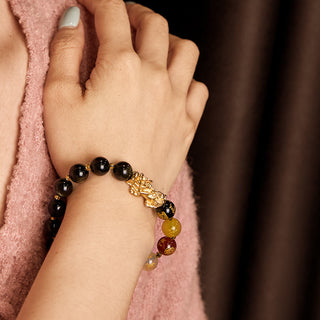 Buddha Gift Natural Gold Sheen Obsidian PiXiu Five Directions Gods of Wealth Protection Bracelet