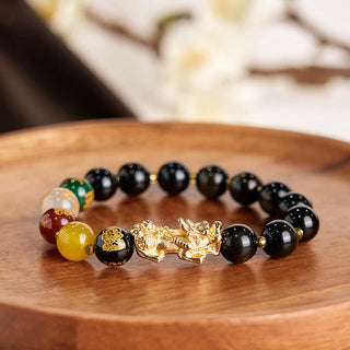 Buddha Gift Natural Gold Sheen Obsidian PiXiu Five Directions Gods of Wealth Protection Bracelet