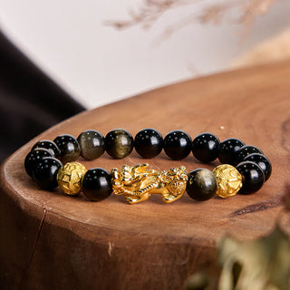 Buddha Gift Natural Gold Sheen Obsidian PiXiu Om Mani Padme Hum Wealth Bracelet