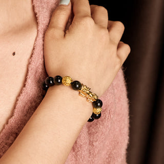 Buddha Gift Natural Gold Sheen Obsidian PiXiu Om Mani Padme Hum Wealth Bracelet