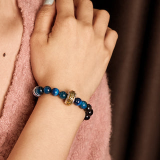 Buddha Gift Silver Sheen Obsidian Blue Tiger Eye Om Mani Padme Hum Protection Bracelet