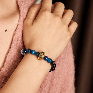 Buddha Gift Silver Sheen Obsidian Blue Tiger Eye Om Mani Padme Hum Protection Bracelet