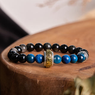 Buddha Gift Silver Sheen Obsidian Blue Tiger Eye Om Mani Padme Hum Protection Bracelet