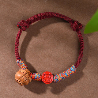 Buddha Gift Handmade Chinese Zodiac Red String Peach Pit Cinnabar Luck Bracelet
