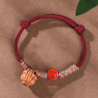 Buddha Gift Handmade Chinese Zodiac Red String Peach Pit Cinnabar Luck Bracelet