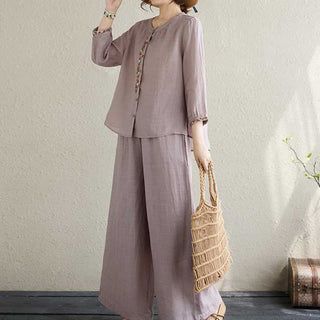 Buddha Gift 2Pcs Cotton Embroidery Flowers Shirt Top Pants Meditation Zen Tai Chi Clothing Women's Set