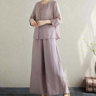 Buddha Gift 2Pcs Cotton Embroidery Flowers Shirt Top Pants Meditation Zen Tai Chi Clothing Women's Set