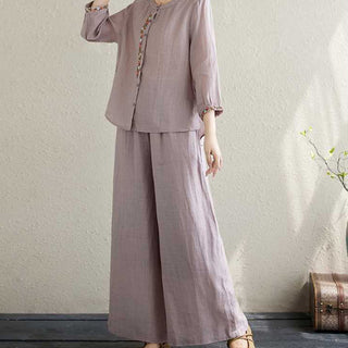 Buddha Gift 2Pcs Cotton Embroidery Flowers Shirt Top Pants Meditation Zen Tai Chi Clothing Women's Set