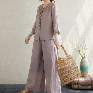 Buddha Gift 2Pcs Cotton Embroidery Flowers Shirt Top Pants Meditation Zen Tai Chi Clothing Women's Set