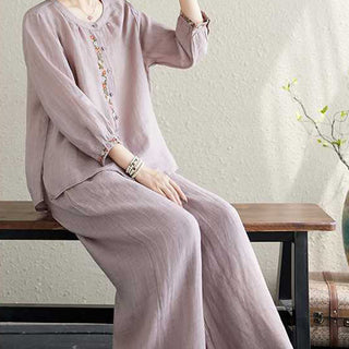 Buddha Gift 2Pcs Cotton Embroidery Flowers Shirt Top Pants Meditation Zen Tai Chi Clothing Women's Set