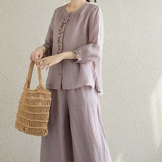 Buddha Gift 2Pcs Cotton Embroidery Flowers Shirt Top Pants Meditation Zen Tai Chi Clothing Women's Set