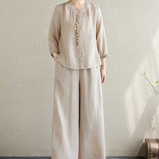 Buddha Gift 2Pcs Cotton Embroidery Flowers Shirt Top Pants Meditation Zen Tai Chi Clothing Women's Set