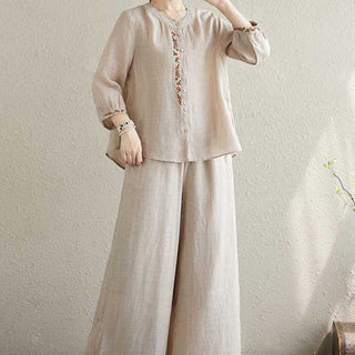 Buddha Gift 2Pcs Cotton Embroidery Flowers Shirt Top Pants Meditation Zen Tai Chi Clothing Women's Set