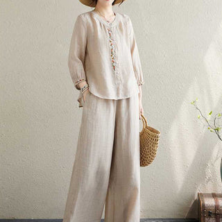 Buddha Gift 2Pcs Cotton Embroidery Flowers Shirt Top Pants Meditation Zen Tai Chi Clothing Women's Set