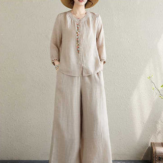 Buddha Gift 2Pcs Cotton Embroidery Flowers Shirt Top Pants Meditation Zen Tai Chi Clothing Women's Set