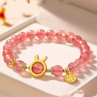 Buddha Gift Natural Strawberry Quartz Rabbit Fu Character Charm Love Bracelet