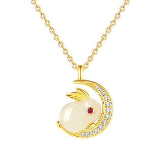Buddha Gift 925 Sterling Silver Hetian White Jade Rabbit Crescent Moon Luck Necklace Pendant