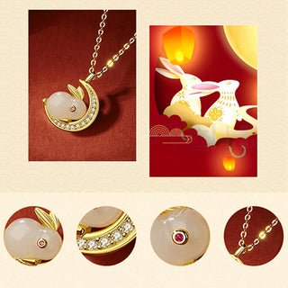 Buddha Gift 925 Sterling Silver Hetian White Jade Rabbit Crescent Moon Luck Necklace Pendant