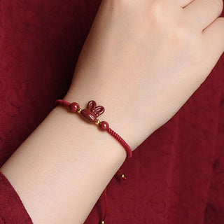 Buddha Gift Handmade Cinnabar Chinese Zodiac Rabbit Luck Red Rope Bracelet