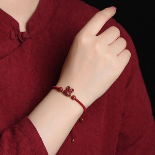 Buddha Gift Handmade Cinnabar Chinese Zodiac Rabbit Luck Red Rope Bracelet