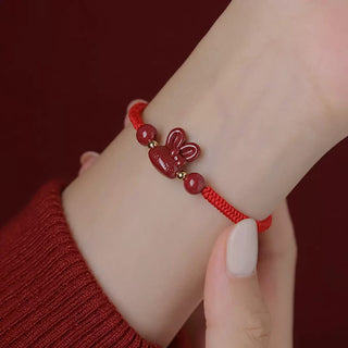 Buddha Gift Handmade Cinnabar Chinese Zodiac Rabbit Luck Red Rope Bracelet