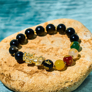 Buddha Gift Natural Gold Sheen Obsidian PiXiu Five Directions Gods of Wealth Protection Bracelet
