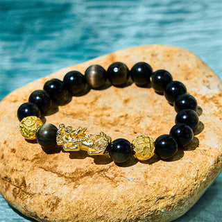 Buddha Gift Natural Gold Sheen Obsidian PiXiu Om Mani Padme Hum Wealth Bracelet