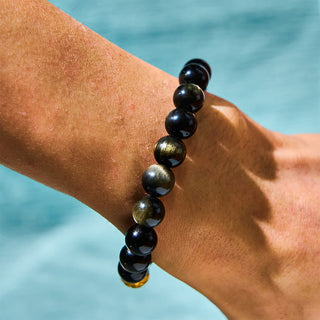 Buddha Gift Natural Gold Sheen Obsidian PiXiu Om Mani Padme Hum Wealth Bracelet