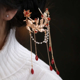 Buddha Gift Chinese Style Koi Fish Flower Tassel Red Agate Copper Gold Plated Hairpin Hair Comb