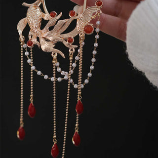Buddha Gift Chinese Style Koi Fish Flower Tassel Red Agate Copper Gold Plated Hairpin Hair Comb