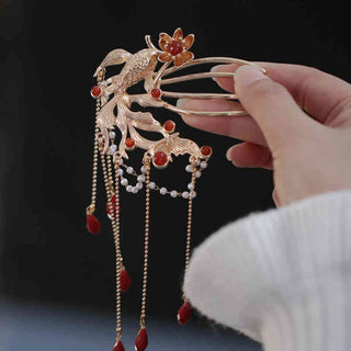 Buddha Gift Chinese Style Koi Fish Flower Tassel Red Agate Copper Gold Plated Hairpin Hair Comb