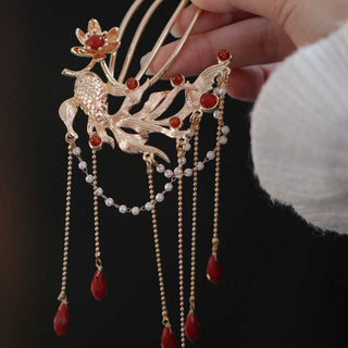 Buddha Gift Chinese Style Koi Fish Flower Tassel Red Agate Copper Gold Plated Hairpin Hair Comb