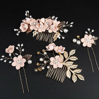 Buddha Gift 4Pcs Handmade Wedding Golden Leaf Flower Pearl Hairpin Hair Comb Set
