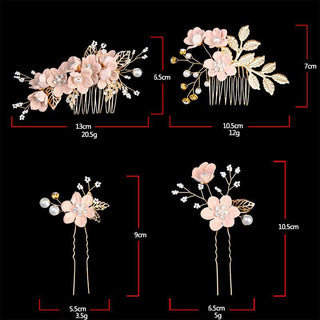 Buddha Gift 4Pcs Handmade Wedding Golden Leaf Flower Pearl Hairpin Hair Comb Set