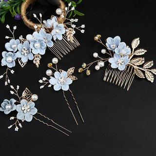 Buddha Gift 4Pcs Handmade Wedding Golden Leaf Flower Pearl Hairpin Hair Comb Set