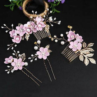 Buddha Gift 4Pcs Handmade Wedding Golden Leaf Flower Pearl Hairpin Hair Comb Set