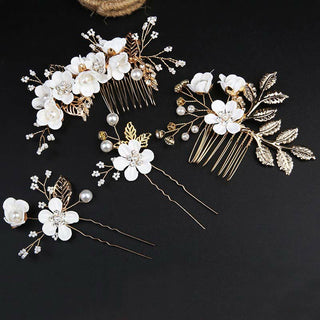 Buddha Gift 4Pcs Handmade Wedding Golden Leaf Flower Pearl Hairpin Hair Comb Set