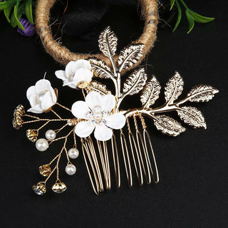 Buddha Gift 4Pcs Handmade Wedding Golden Leaf Flower Pearl Hairpin Hair Comb Set