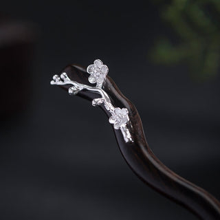 Buddha Gift 925 Sterling Silver Classical Chinese Style Ebony Plum Blossom Blessing Hairpin