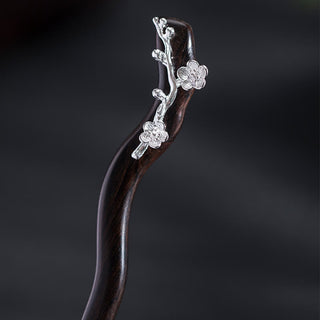 Buddha Gift 925 Sterling Silver Classical Chinese Style Ebony Plum Blossom Blessing Hairpin