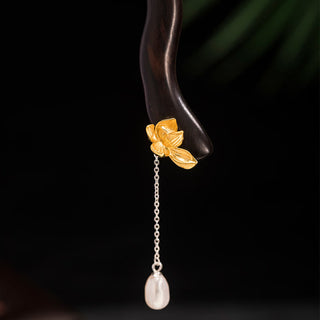 Buddha Gift 925 Sterling Silver Classical Chinese Style Ebony Lotus Flower Pearl Tassel Blessing Hairpin