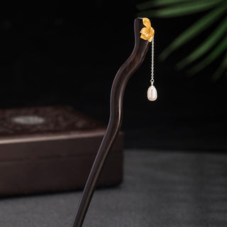 Buddha Gift 925 Sterling Silver Classical Chinese Style Ebony Lotus Flower Pearl Tassel Blessing Hairpin