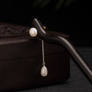Buddha Gift 925 Sterling Silver Classical Chinese Style Ebony Lotus Flower Pearl Tassel Blessing Hairpin
