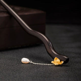 Buddha Gift 925 Sterling Silver Classical Chinese Style Ebony Lotus Flower Pearl Tassel Blessing Hairpin