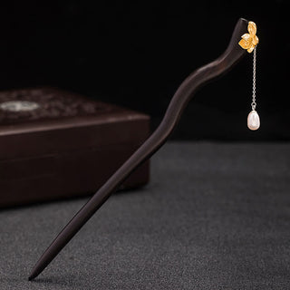 Buddha Gift 925 Sterling Silver Classical Chinese Style Ebony Lotus Flower Pearl Tassel Blessing Hairpin