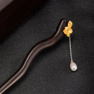 Buddha Gift 925 Sterling Silver Classical Chinese Style Ebony Lotus Flower Pearl Tassel Blessing Hairpin