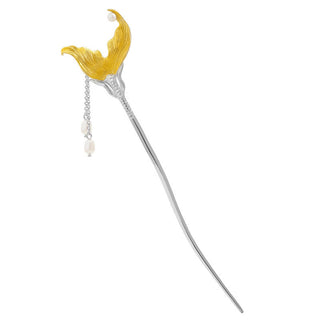 Buddha Gift 925 Sterling Silver Classical Chinese Style Fish Tail Pearl Tassel Calm Hairpin