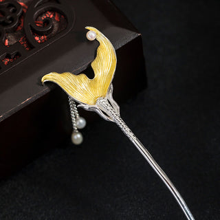 Buddha Gift 925 Sterling Silver Classical Chinese Style Fish Tail Pearl Tassel Calm Hairpin