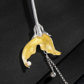 Buddha Gift 925 Sterling Silver Classical Chinese Style Fish Tail Pearl Tassel Calm Hairpin