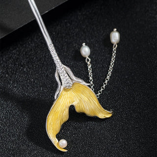 Buddha Gift 925 Sterling Silver Classical Chinese Style Fish Tail Pearl Tassel Calm Hairpin